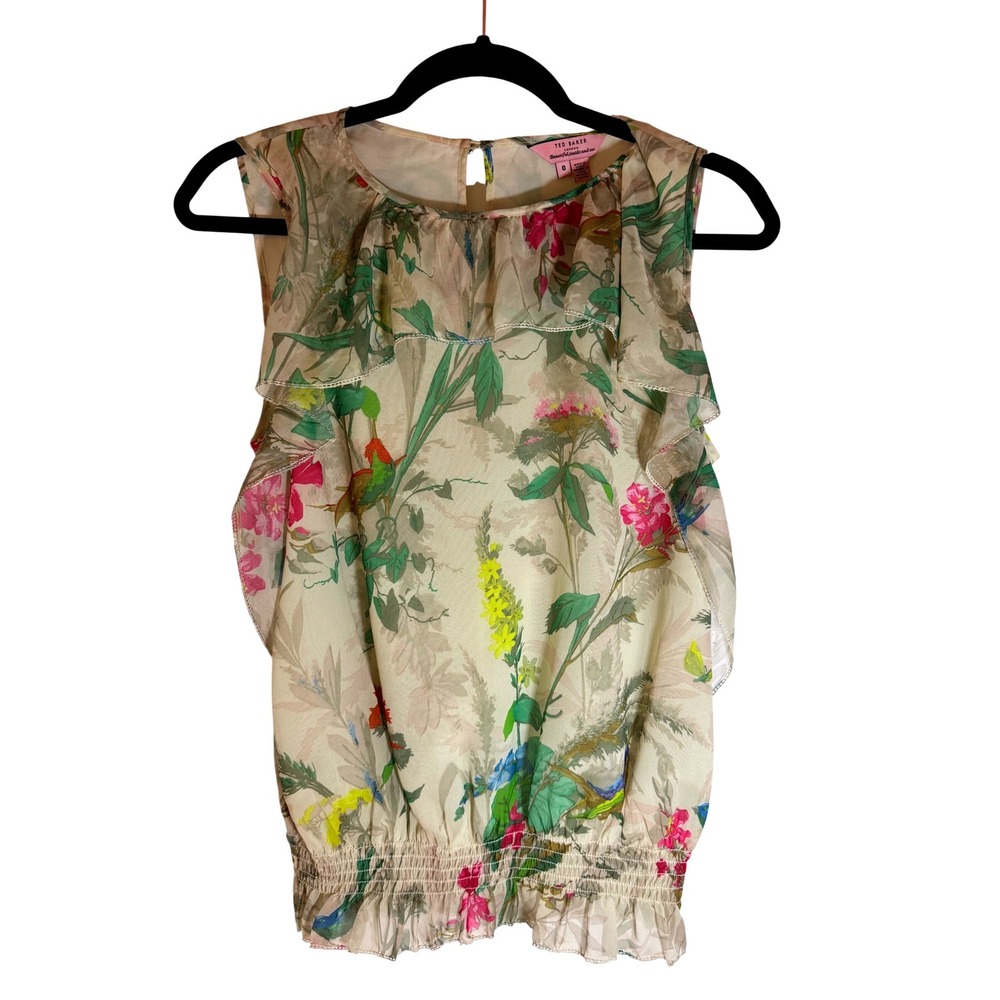 Ted Baker London Floral Print Ruffle Sleeve Blouse Top Size 2 - Picture 3 of 9